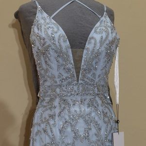 ALYCE beaded plunging neckline short dress powder blue size 0